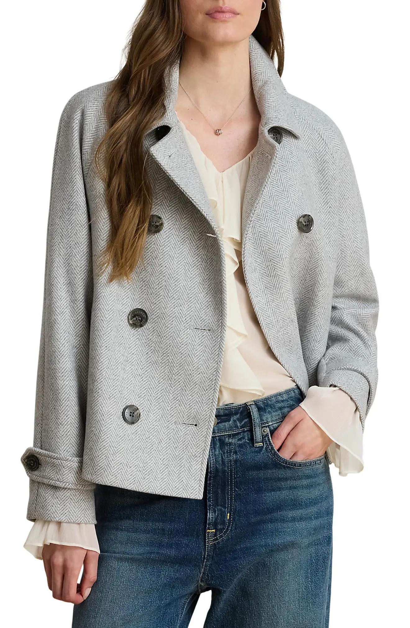Lauren Ralph Lauren Double Breasted Wool Blend Crop Coat in Camel/Cream/Plaid at Nordstrom, Size 2 | Nordstrom