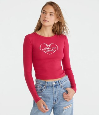 Long Sleeve Seriously Soft Make Me Blush Graphic Baby Tee | Aeropostale