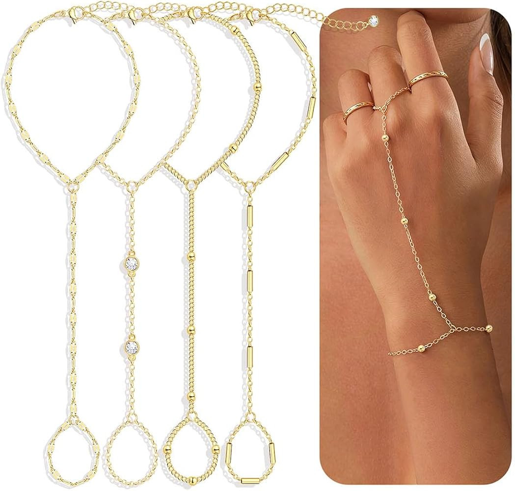 4 Pcs Gold Hand Chain Bracelets for Women, Dainty 14K Gold Plated Ring Bracelet Hand Chain, Stack... | Amazon (US)