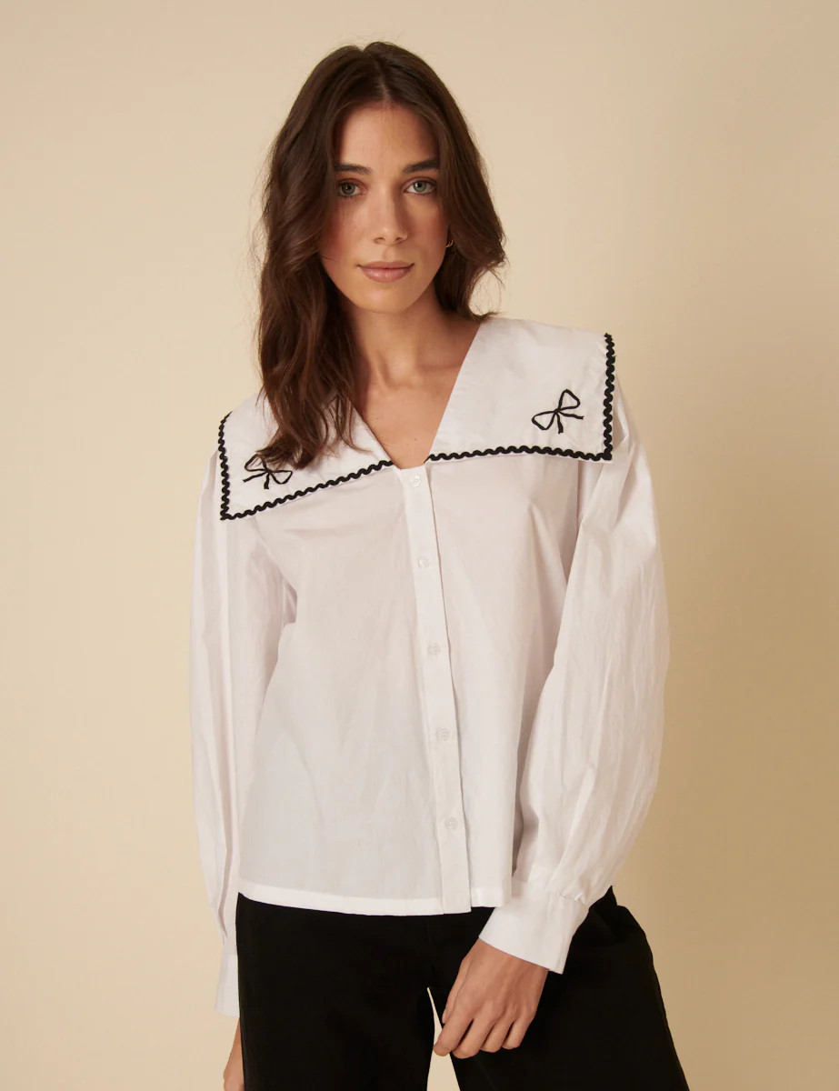 White Embroidered Sailor Collar Blouse | Nobody's Child