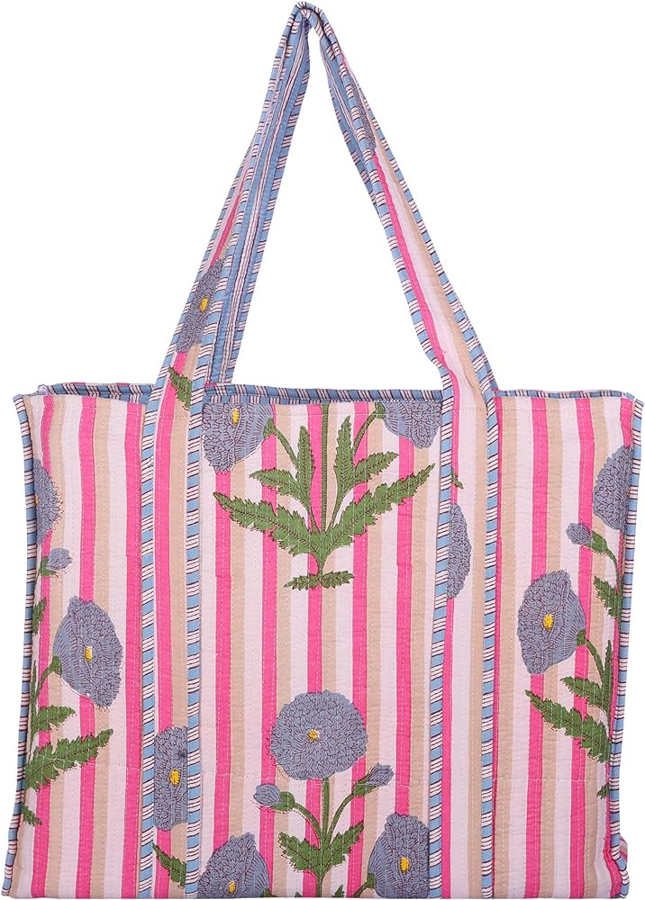 KLAVATE Women Handblock Lightweight Travel Bag Purse Cotton Shoulder Tote Bag For Shopping Grocer... | Amazon (US)