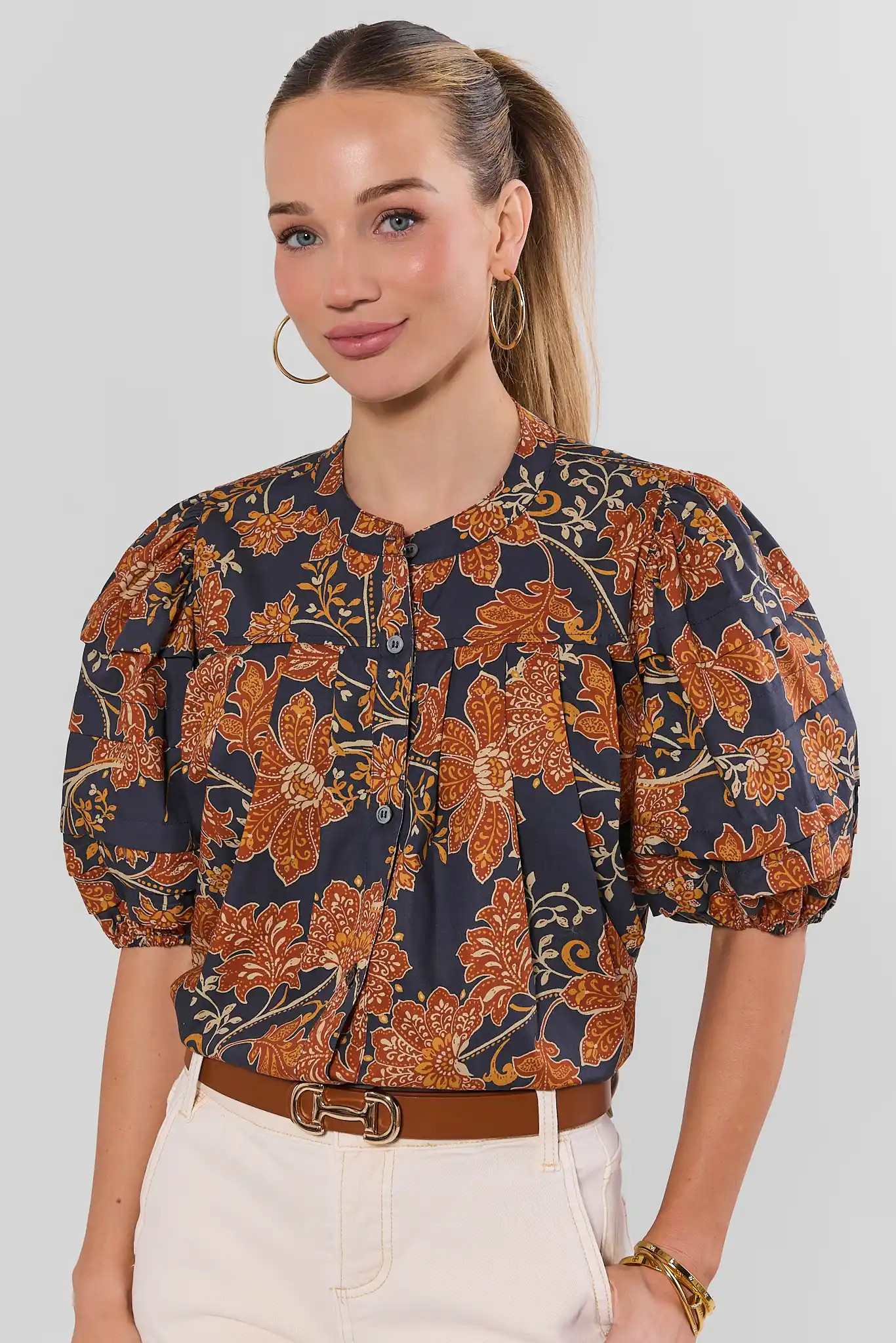 Navy Floral Printed Button Up Top | Avara