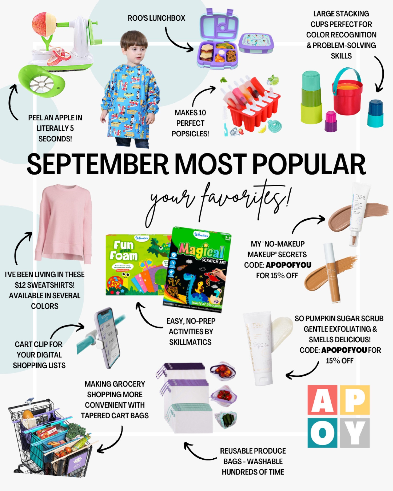 Crowd favorites from September! 

For kids: Our favorite art smock, giant stacking cups, and Skillmatics Fun with Foam and Magical Scratch Art activity sets

For the home: My new apple peeler that works actual magic, our favorite popsicle molds, and Lotus Trolley’s tapered grocery cart bags, reuseable produce bags, and cart clip

For moms: My favorite ever $13 sweatshirts from Walmart and Tula’s skin tint sunscreen, serum concealer, and So Pumpkin Sugar Scrub 👏🏼

#LTKkids #LTKbeauty #LTKfamily