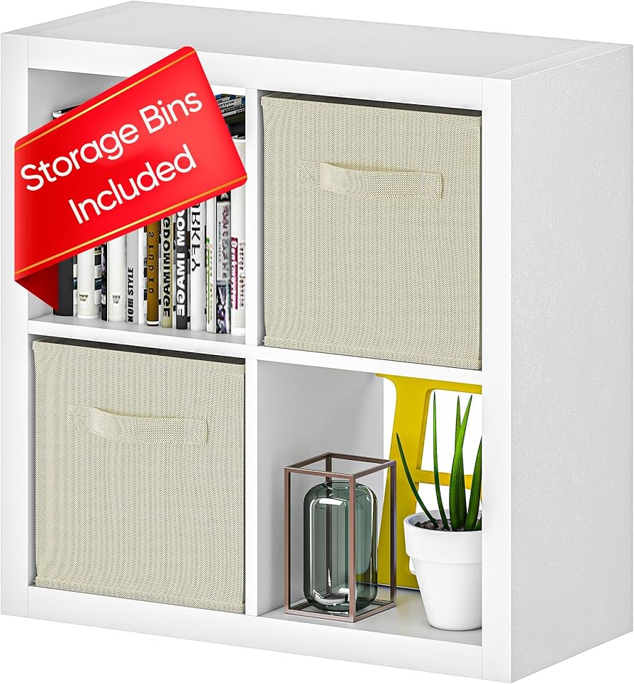 furtble Bookshelf with Storage Bins, 4-Cube Storage Organizer with Back Panels, Modern Wood Open ... | Amazon (US)