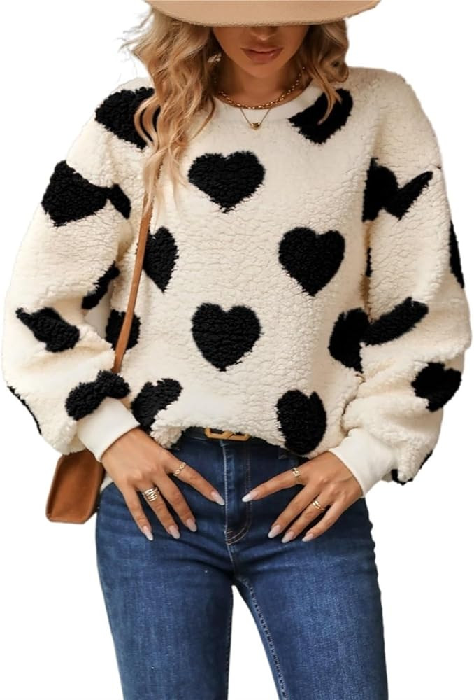 Womens Sherpa Fleece Warm Sweater, Heart Fuzzy Pullover Sweatshirt Tops | Amazon (US)