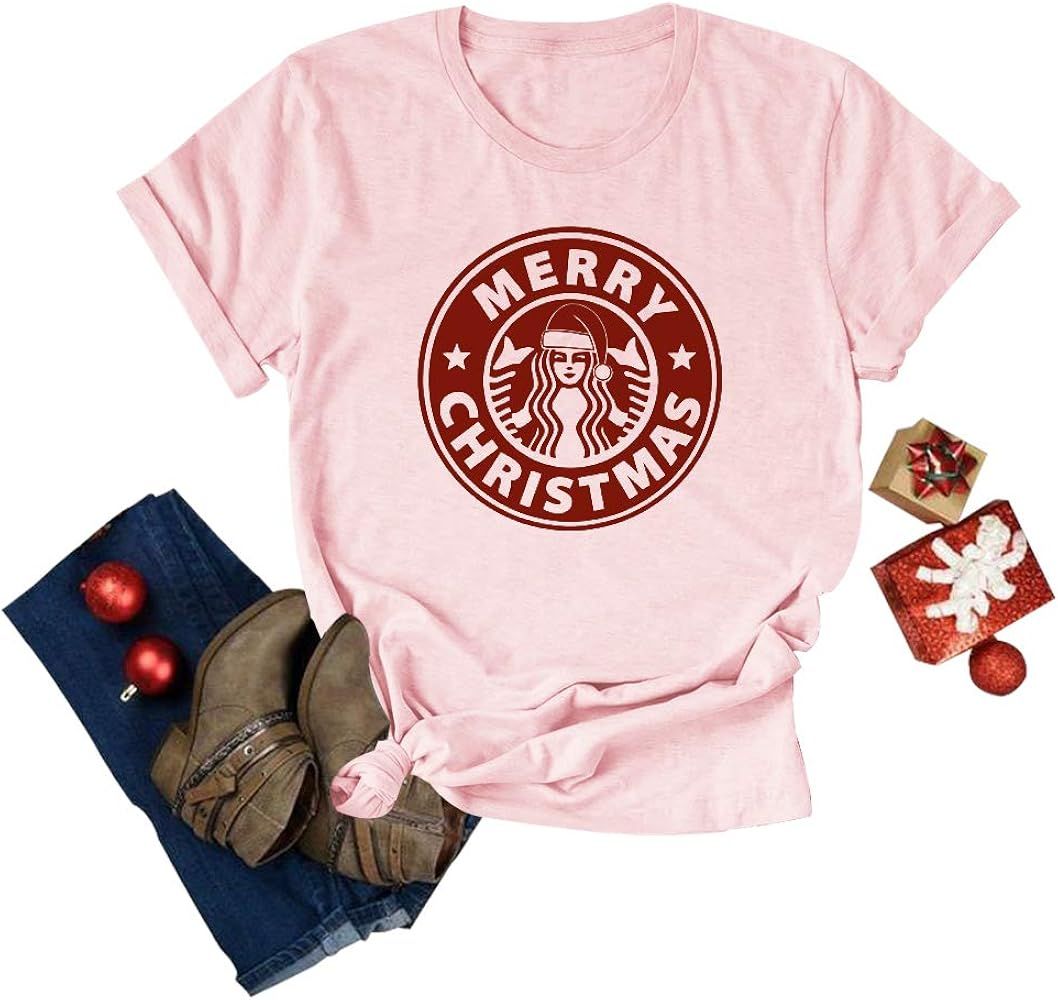 Anbech Merry Christmas Coffee T-Shirt Women Short Sleeve Novelty Graphics Letter Printed Casual Tees | Amazon (US)