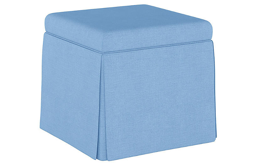 Anne Skirted Storage Ottoman, French Blue Linen | One Kings Lane