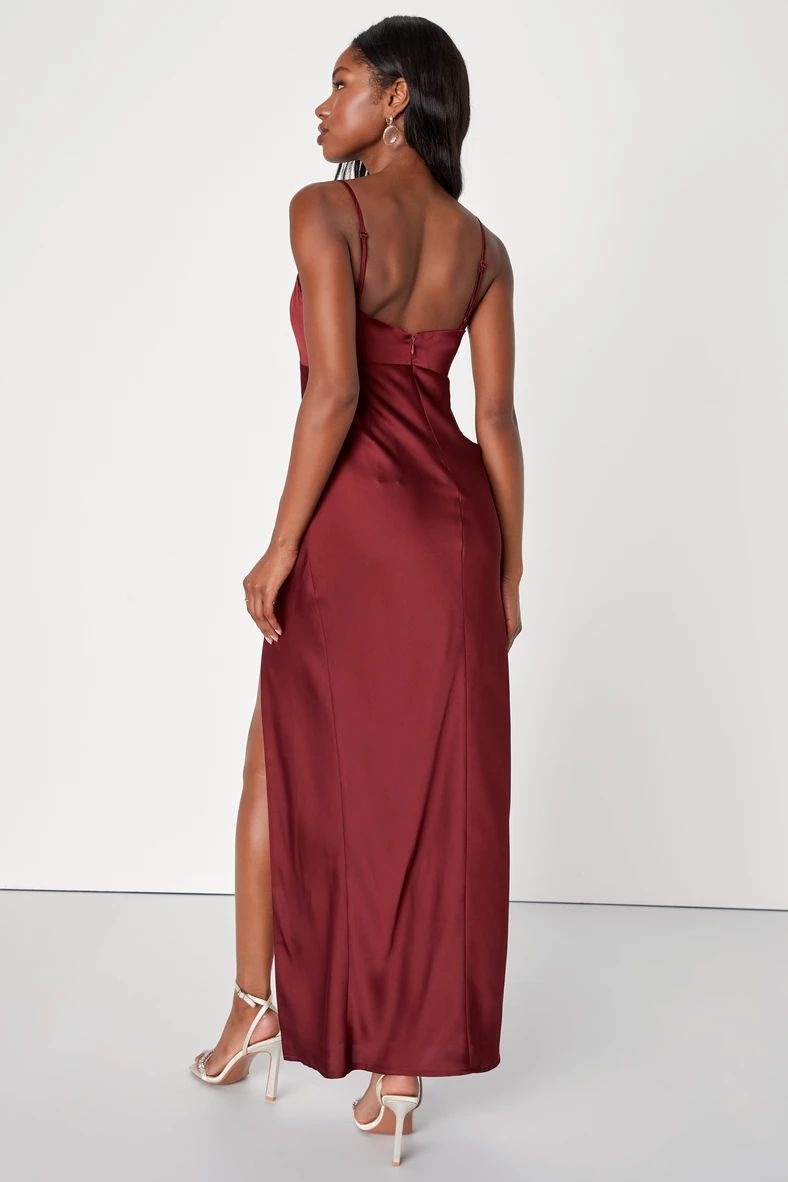 Serene Beauty Burgundy Satin Ruched Backless Maxi Slip Dress | Lulus