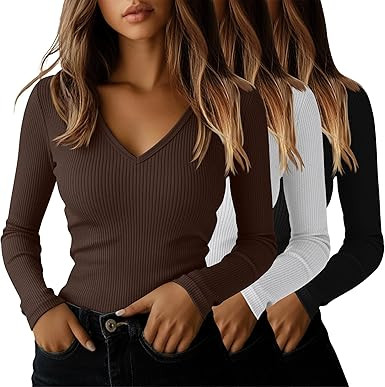 Ficerd 3 Pack Women's Long Sleeve T Shirts Cotton V Neck Slim Fit Tops Ribbed Knit Layering Casua... | Amazon (US)