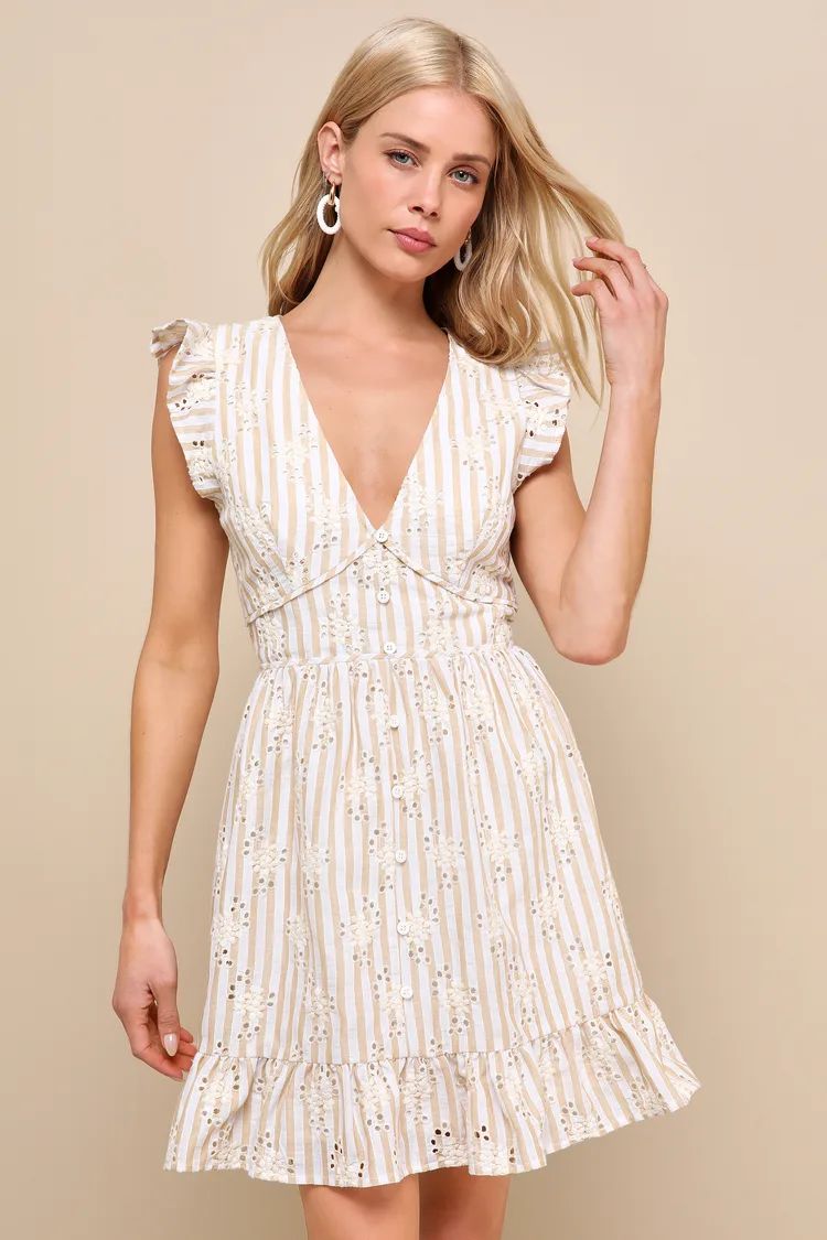 Sunny Crush Beige and Ivory Striped Embroidered Mini Dress | Lulus