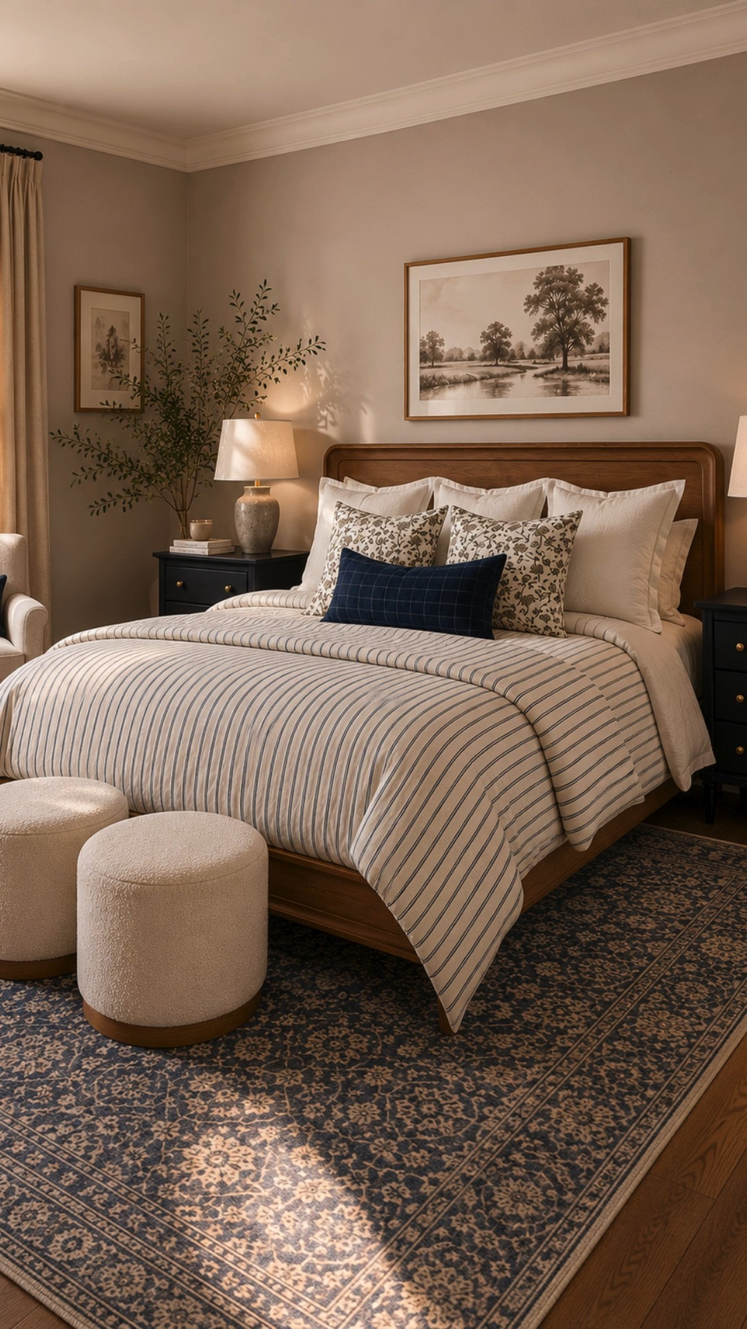 I love bedrooms that feel soft and welcoming the moment you walk into them, and this space has such a calm layered feeling. The warm neutrals, tailored striped bedding, vintage-inspired rug, and soft evening light create a bedroom that feels both elevated and incredibly comfortable.

cozy bedroom inspiration, warm transitional interiors, neutral bedroom decor, striped duvet bedding, vintage style area rug, collected home aesthetic, warm cozy bedroom, layered bedding ideas, designer inspired bedroom, traditional modern decor, calm bedroom styling, elegant neutral interiors, cozy master bedroom, warm wood furniture, timeless bedroom style, moody neutral decor, soft ambient bedroom lighting, heritage inspired home, classic bedroom inspiration, cozy collected interiors 

 #LTKHome
