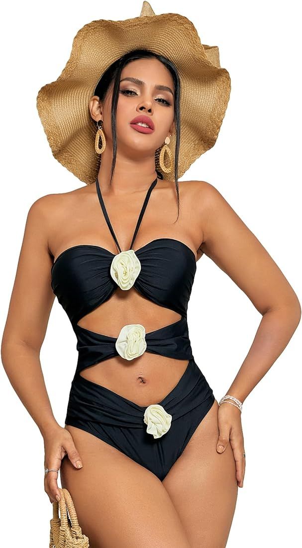 BEAUDRM Women's Halter Neck 3D Flower Decoration Sexy One-Piece Swimsuit Bathing Suit | Amazon (US)