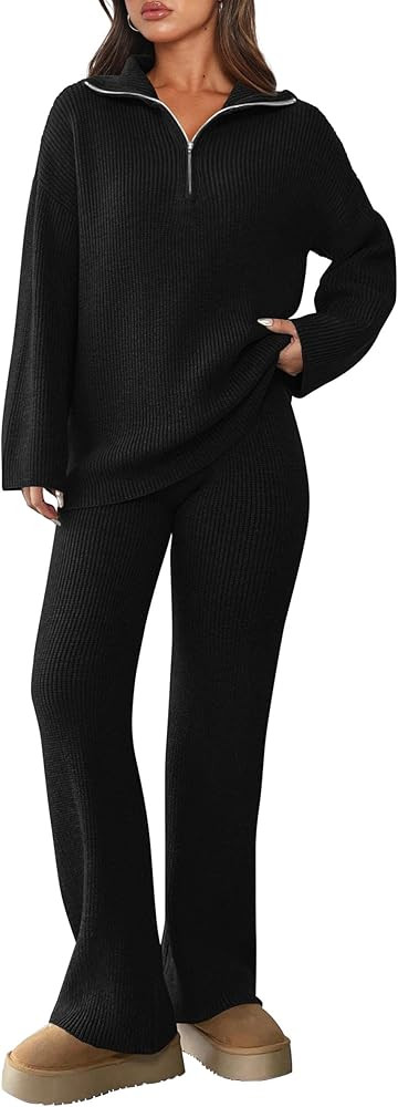 PRETTYGARDEN Womens Winter 2 Piece Sweater Set Long Sleeve Quarter Zip Sweatshirt Wide Leg Pants ... | Amazon (US)