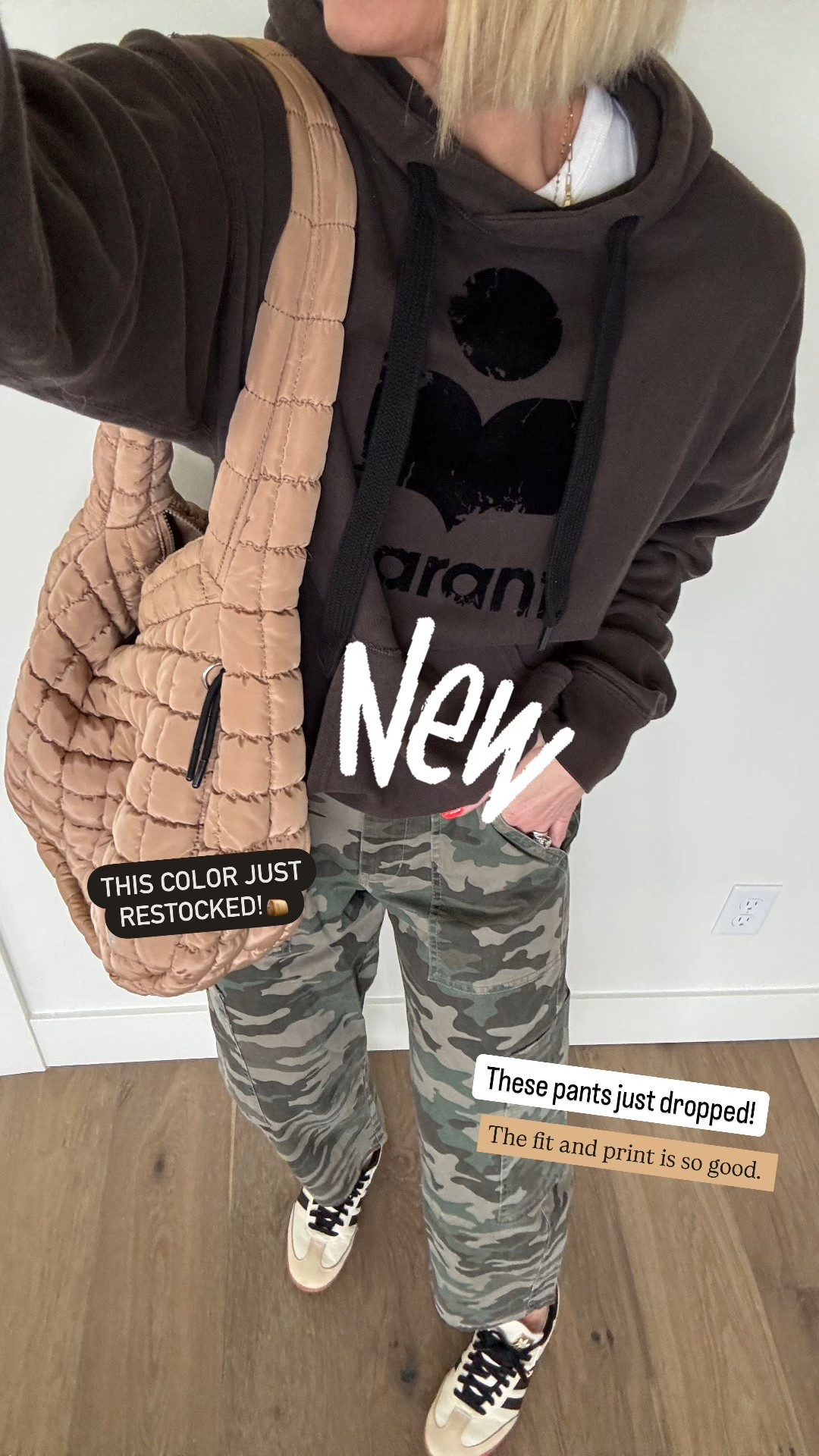 🚨These NEW camo pants just dropped! A streamline cargo with a flattering silhouette. They fit true to size. I’m in a 4.
THIS color🤎 bag back in stock! Go!
For sneakers, go 1/2 size down from normal shoe size.

#LTKFindsUnder50 #LTKWatchNow #LTKSpringSale