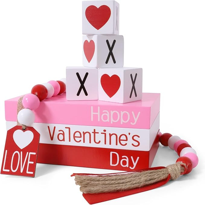 Valentine's Day Decoration, Valentines Wood Book Stack with 4 XOXO Signs & Beads Garland, Valenti... | Amazon (US)