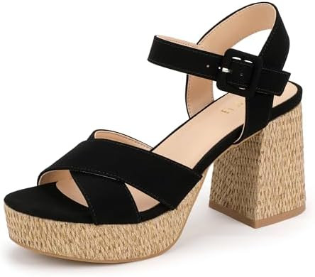 IDIFU Women's Raffia Platform Chunky Heels Block High Heel Sandals Round Open Toe Ankle Strap Sho... | Amazon (US)