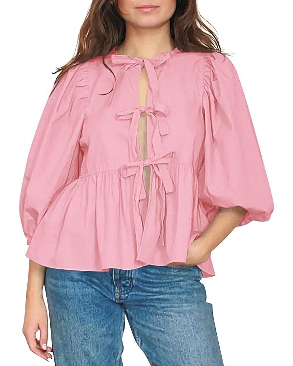 Cioatin Women Bow Tie Front Shirt Top Cute Puff Sleeve Y2K Peplum Ruffle Babydoll Blouse Lace Up ... | Amazon (US)