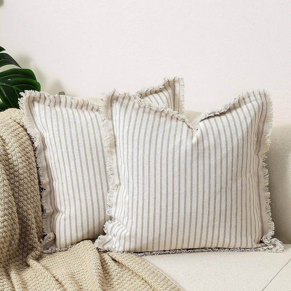 Boho Throw Pillow Covers with Fringer 18x18 Inch Set of 2 Farmhouse Cotton Linen Striped Decorati... | Amazon (US)