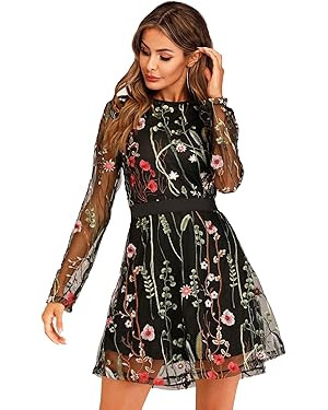 Milumia Women's Floral Embroidery Mesh Round Neck Tunic Party Dress | Amazon (US)