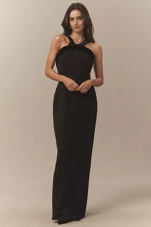 Shoshanna Midnight Gala Velvet Bow Stretch Crepe Maxi Dress | Anthropologie (US)