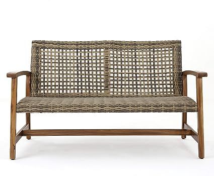Marcia Outdoor Wood and Wicker Loveseat, Natural Finish with Gray Wicker | Amazon (US)
