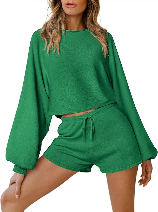 Ekouaer Knit Pajamas Set for Women Lounge Sets Long Puff Sleeve Top and Shorts 2 Piece Outfits Sw... | Amazon (US)