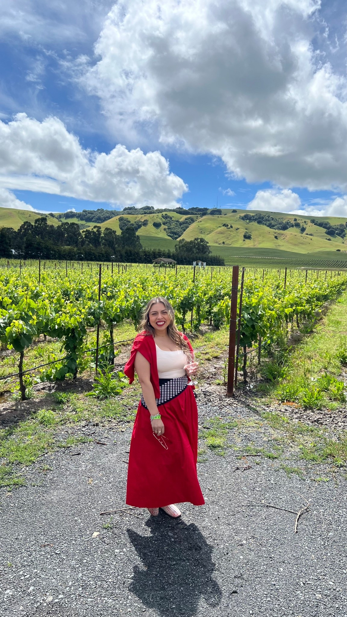red two piece napa valley wine country outfit spring summer clothing polkadot scarf jelly shoes cardigan casual elevated chic mom outfit daytime outfit  

 #LTKMothersDay #LTKootd