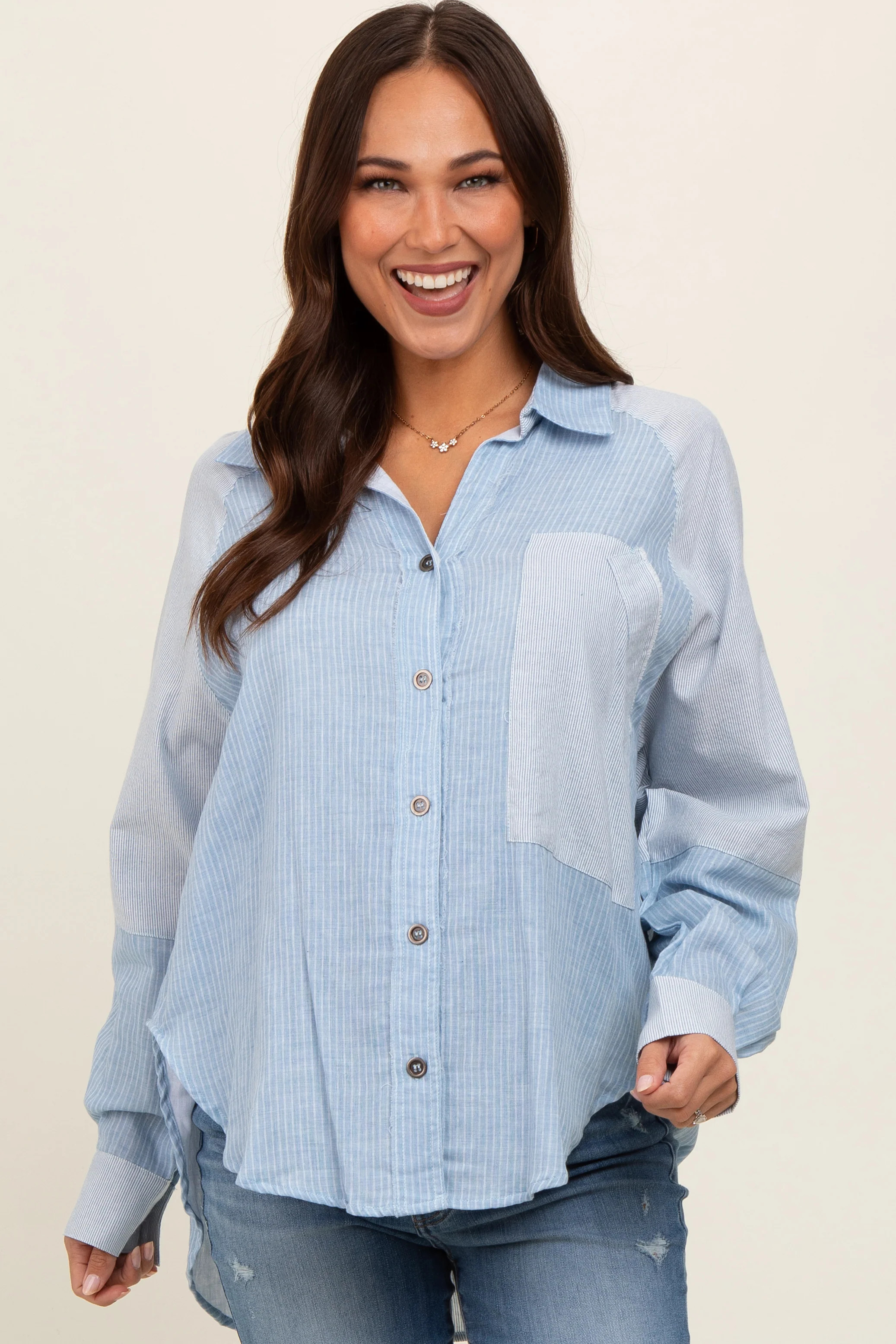 Light Blue Striped Colorblock Button Up Maternity Top | PinkBlush Maternity