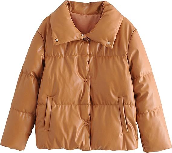 Springrain Women's Casual Lapel Button Pu Faux Leather Winter Quilted Padded Coat | Amazon (US)