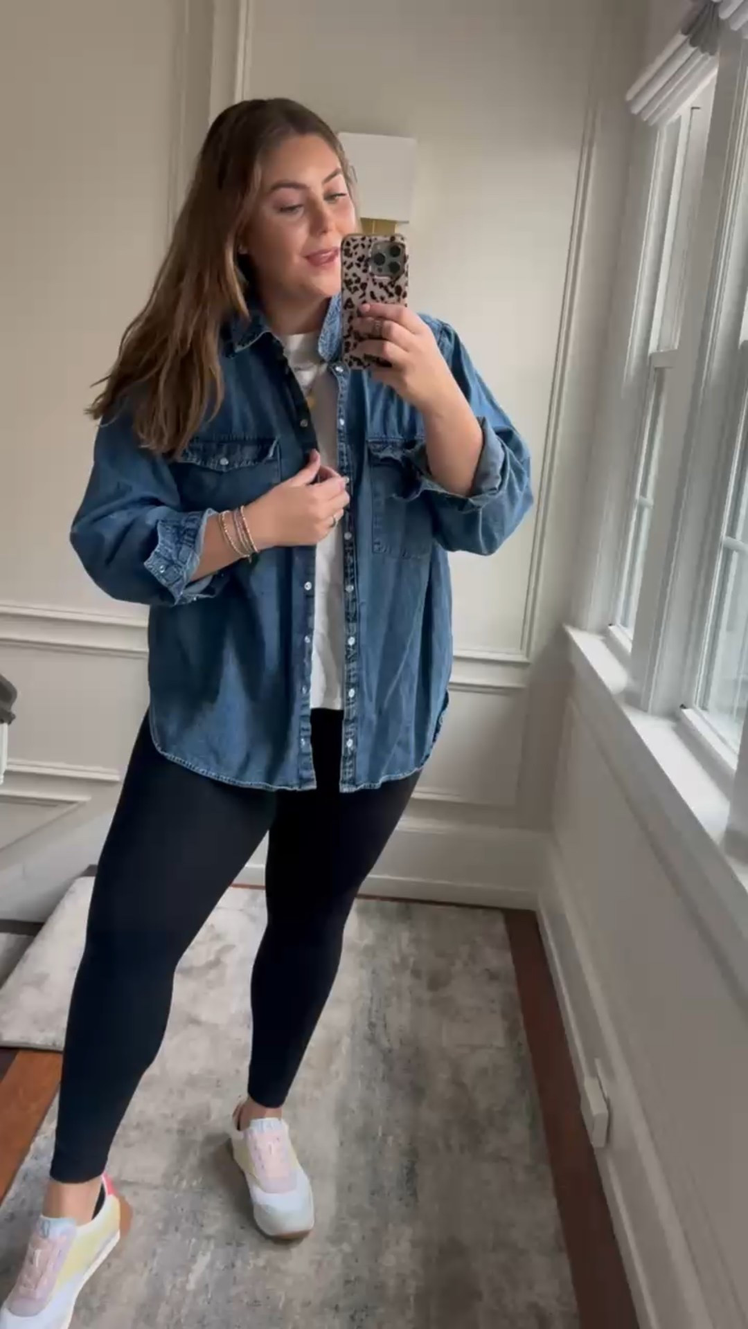 Spring outfit - wearing size XL in denim button down (sharing similar styles), 1X in T-shirt, 1X in leggings. Use CARALYNM at Cakes Body. Use CARALYNMIRAND at Loopy Cases

#LTKStyleTip #LTKMidsize #LTKSeasonal