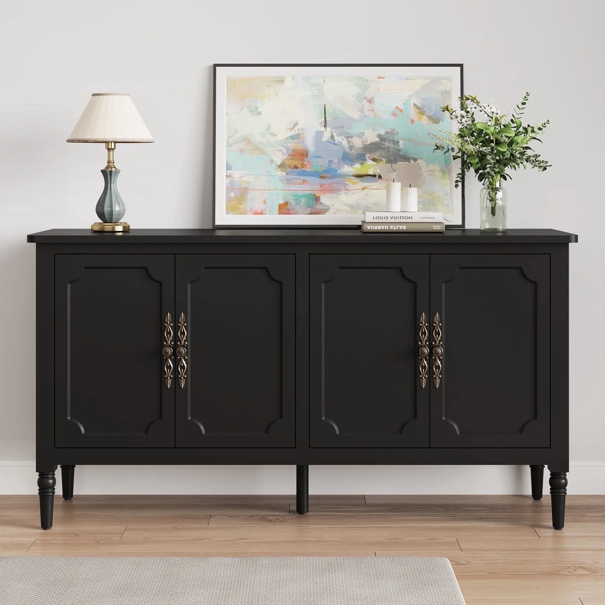 May in Color Sideboard Buffet Cabinet, 58'' Wood Console Cabinet with Storage & 4 Doors, Mid Century Entryway Table, for Living Room, Dining Room, Black - Walmart.com | Walmart (US)