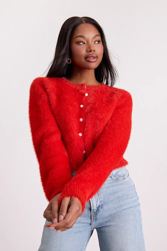 Arinda Red Eyelash Knit Button-Up Cardigan | Lulus