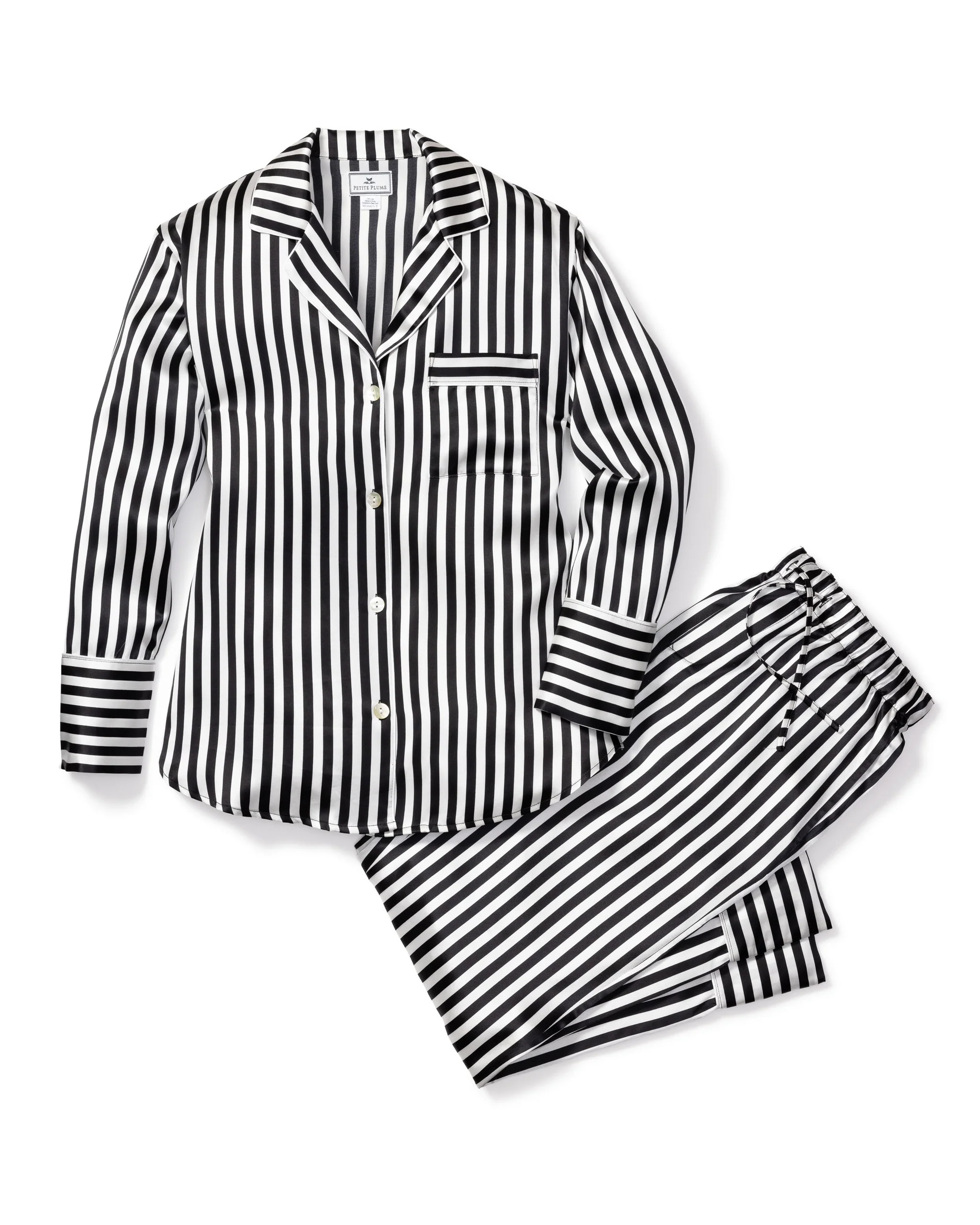 Women's Silk Pajama Set in Black and White Bengal Stripe | Petite Plume