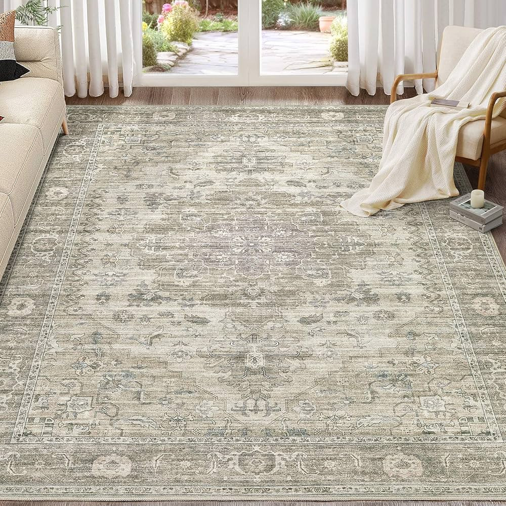 Washable Area Rugs for Living Room -8x10 Neutral Vintage Distressed Floral Farmhouse Boho Large S... | Amazon (US)