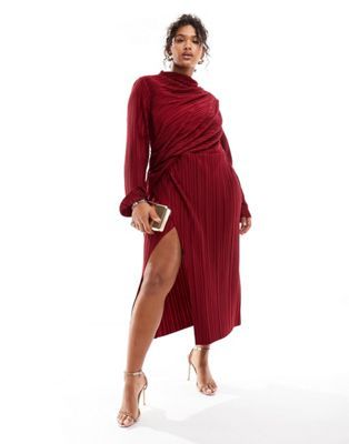 ASOS DESIGN Curve plisse cut out wide sleeve and side twist midi dress in wine | ASOS (Global)