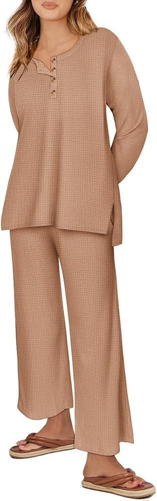 RITERA Plus Size Women 2 Piece Outfits Lounge Sets Knit Waffle Pullover Tops Wide Leg Pants Sweat... | Amazon (US)