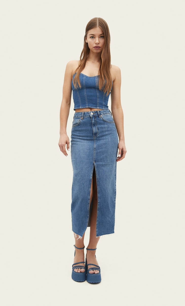 Long denim comfortable skirt - Women's fashion | Stradivarius United Kingdom | Stradivarius (UK)