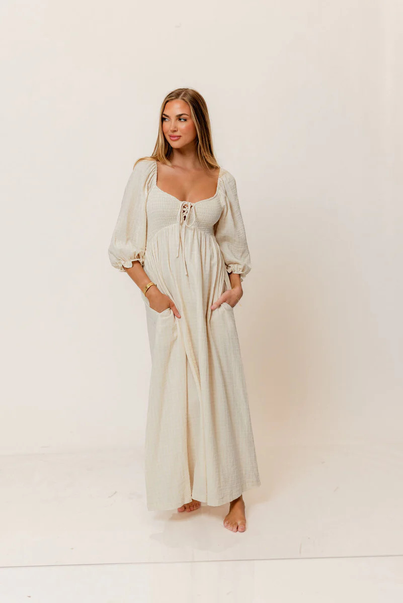 Cecilia 100% Cotton Smocked Maxi Dress in Muted Pale Pink Plaid (Lined | Worth Collective