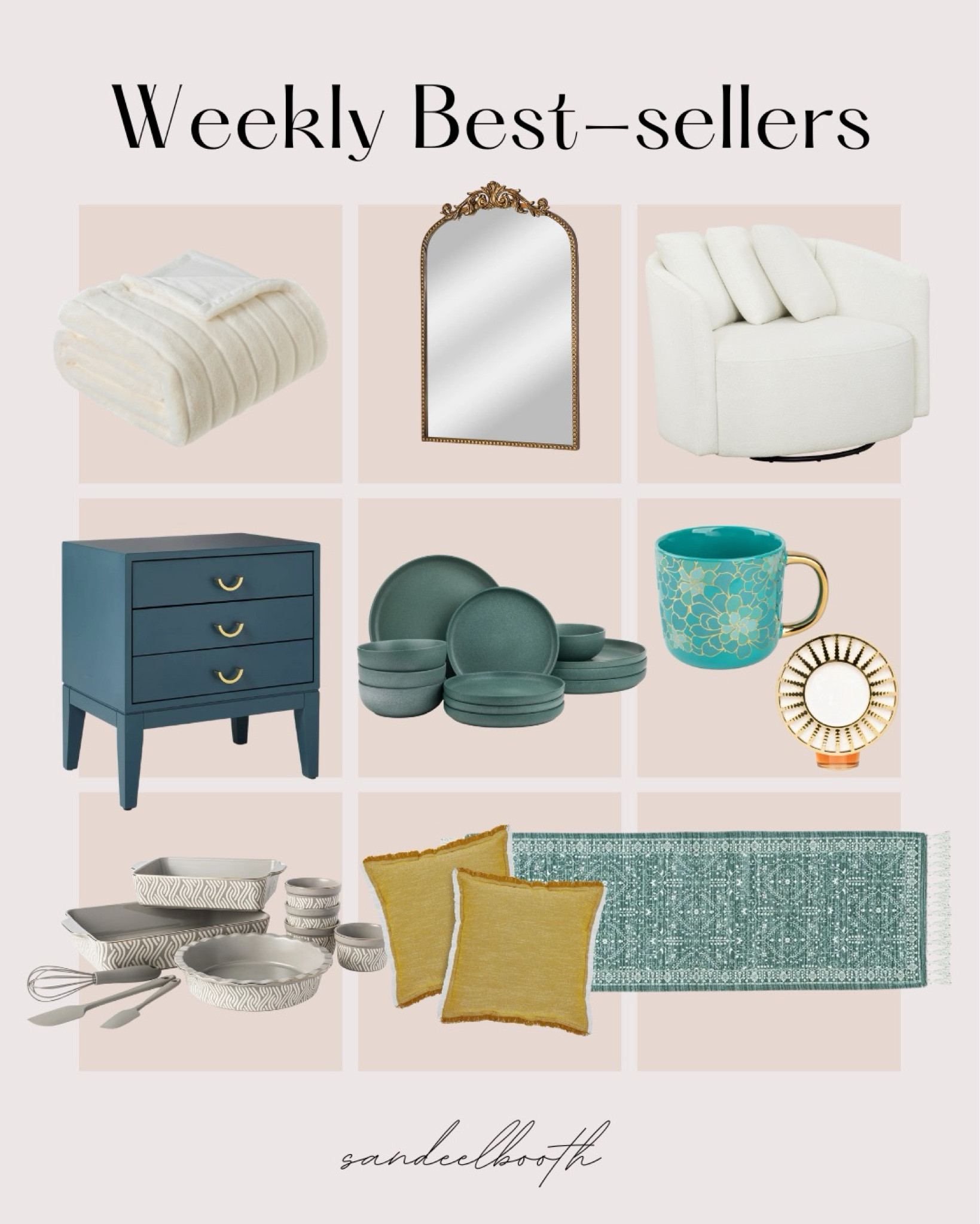 Weekly best sellers!


Home decor, home decor finds, bedroom inspo, accent chairs, gold mirror, throw pillows, blanket, mugs, bakeware, nightstand

#LTKHome #LTKSeasonal