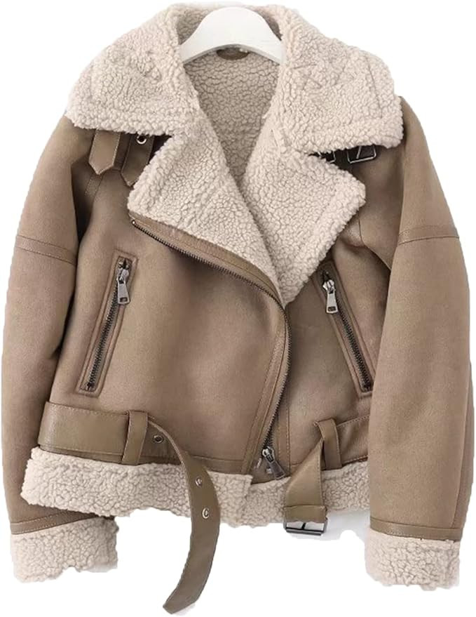 Amazon.com: Women's Faux Shearing Moto Jacket Thick Lined Parka Winter Shearling Coat Leather Jac... | Amazon (US)