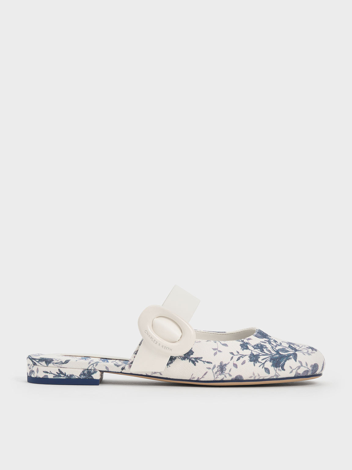 Floral-Print Oval-Buckle Flat Mules
 - Dark Blue | Charles & Keith US