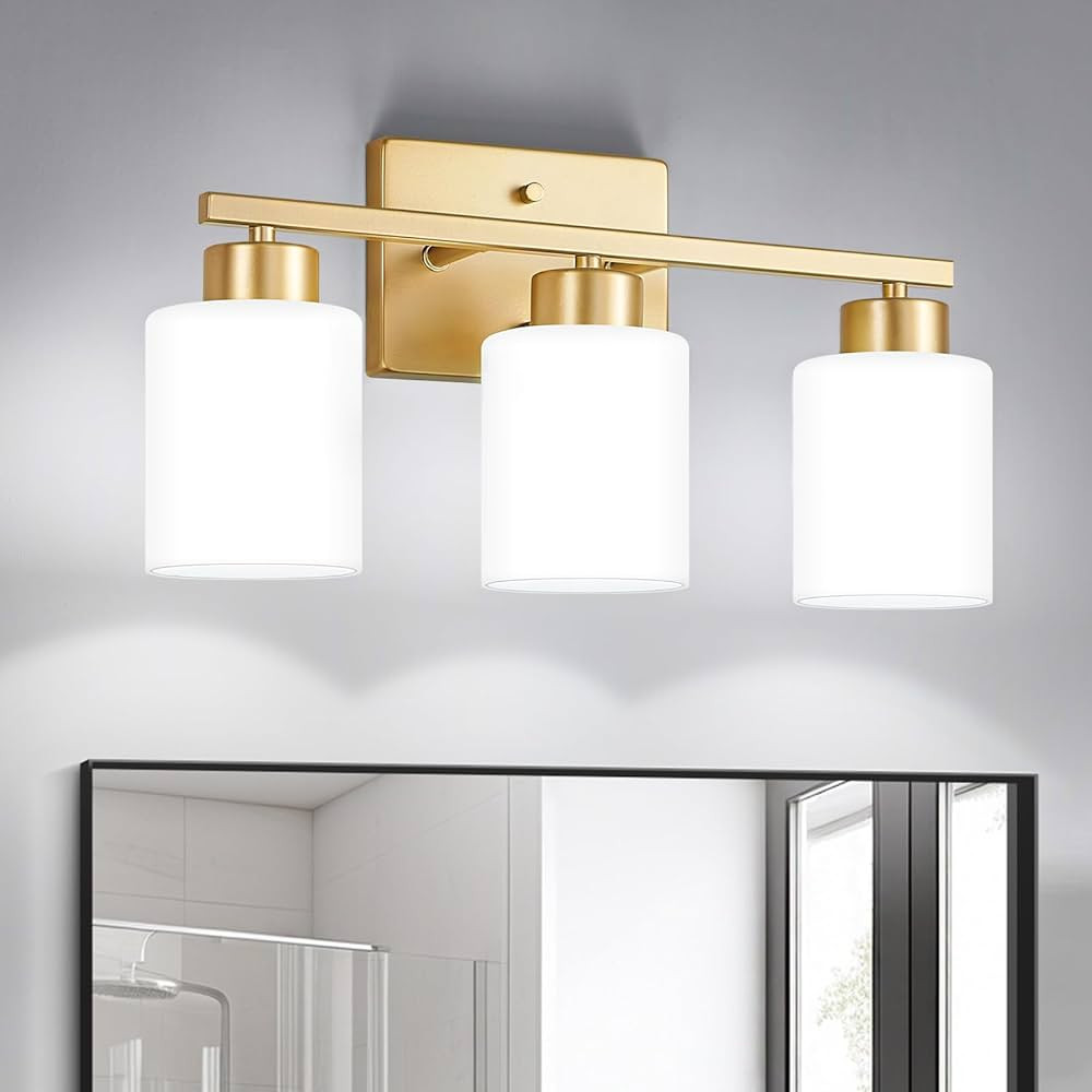 Gold Bathroom Light Fixtures, 3-Light Modern Vanity Light Over Mirror, Wall Sconces with Milky Wh... | Amazon (US)