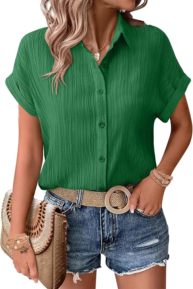 Zeagoo Womens Button Down Shirts Casual Short Sleeve Dress Shirt Textured Collared Summer Work Bl... | Amazon (US)
