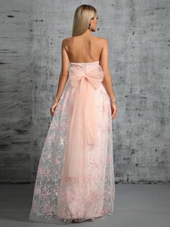 Floral Embroidery Bow Back Tube Bridesmaid Dress | SHEIN