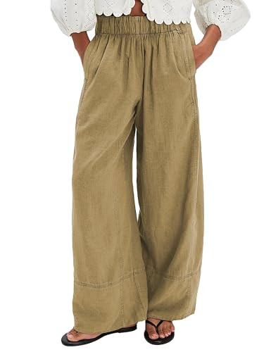Jianzhixiao Women's Linen Wide Leg Pants Elastic Waist Summer Boho Palazzo Pants Beach Vacation C... | Amazon (US)