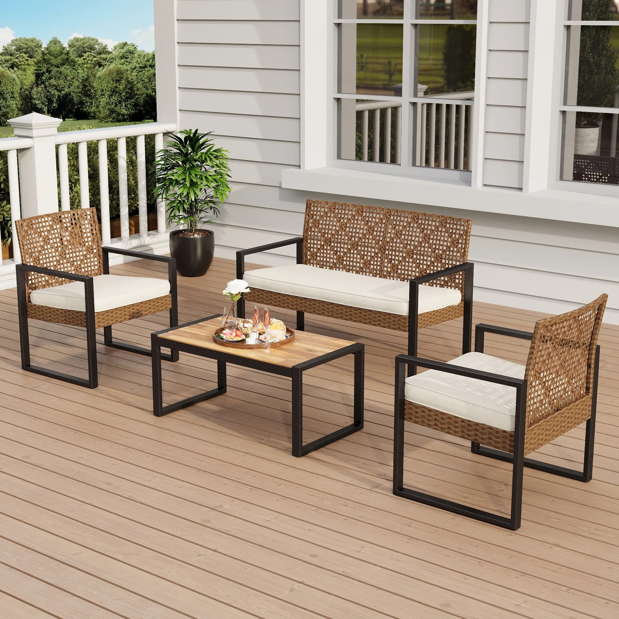 MF Studio 4-Piece All-Weather Rattan Patio Furniture Set, Outdoor Conversation Set with Wood Tabl... | Walmart (US)
