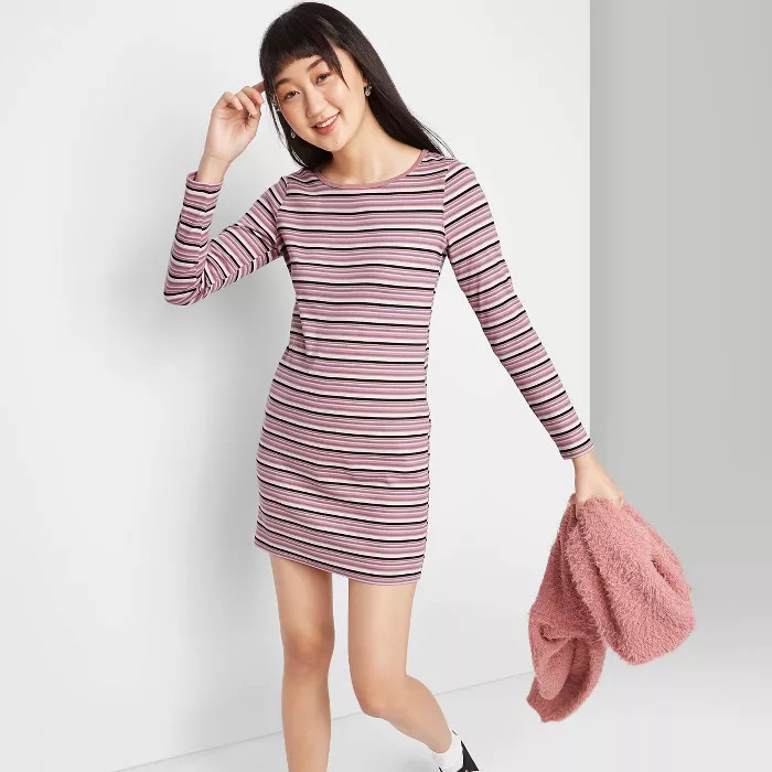 Women's Striped Long Sleeve Round Neck Knit Midi Dress - Wild Fable™ | Target