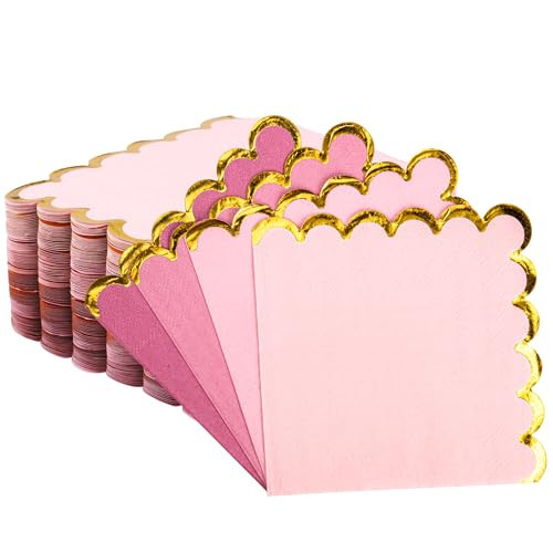 100 Pcs Pink Cocktail Napkins with Gold Foil Scalloped Edges 5 x 5 Inch Party Napkins Disposable Thick Paper for Wedding Dinner Birthday | Amazon (US)