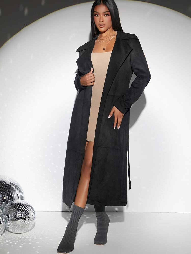 SHEIN BAE Lapel Neck Belted Suedette Trench Coat | SHEIN