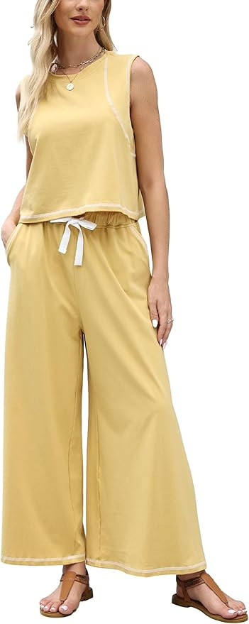 Women’s 2 Piece Lounge Set Sleeveless Tank Top & Wide Leg Pants Contrast Trim Relaxed Casual Ma... | Amazon (US)